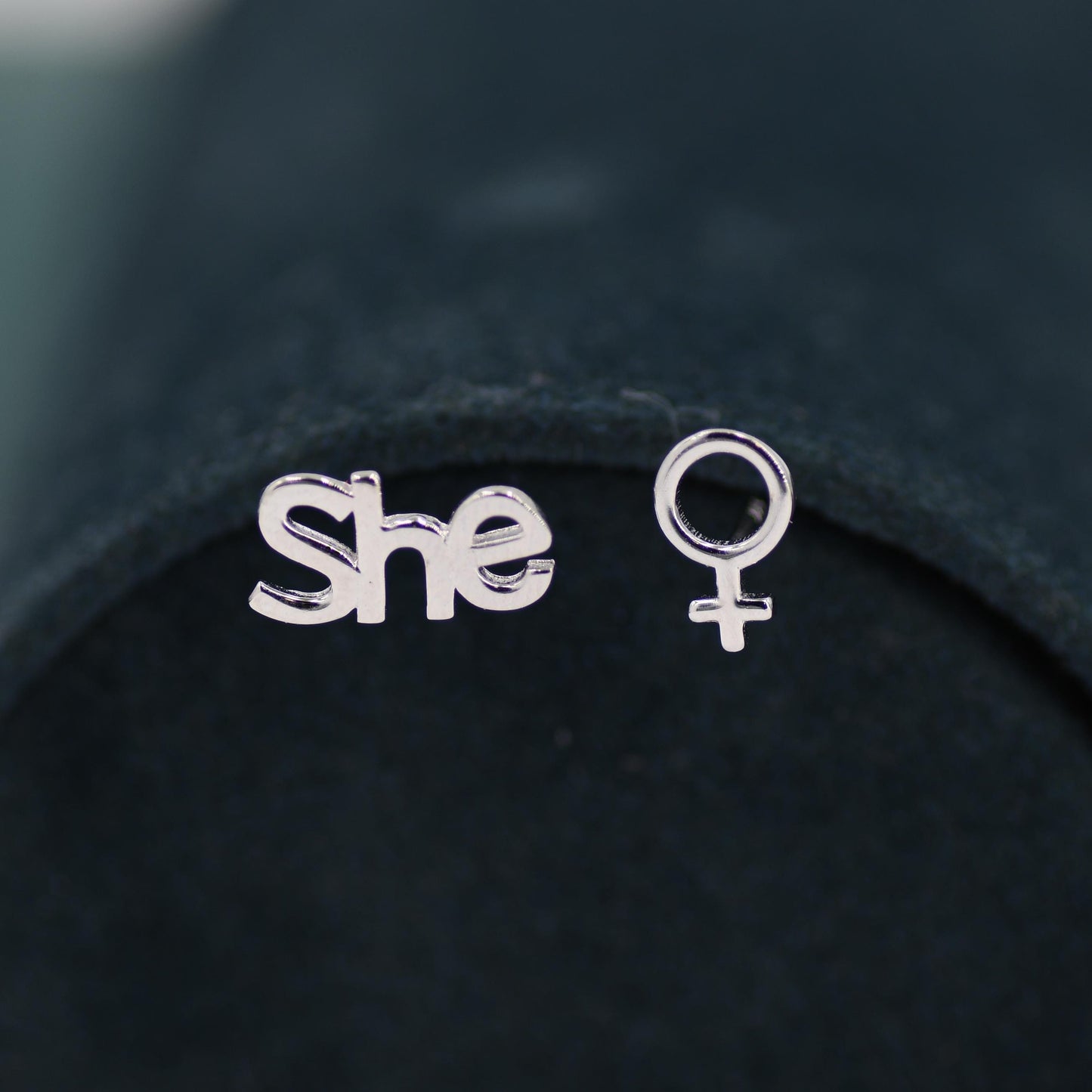 Mismatched Sterling Silver Female Symbol and She Stud Earrings, Silver, Gold or Rose Gold, Venus Earrings, Feminist Earrings