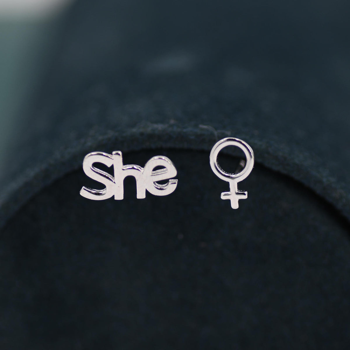 Mismatched Sterling Silver Female Symbol and She Stud Earrings, Silver, Gold or Rose Gold, Venus Earrings, Feminist Earrings