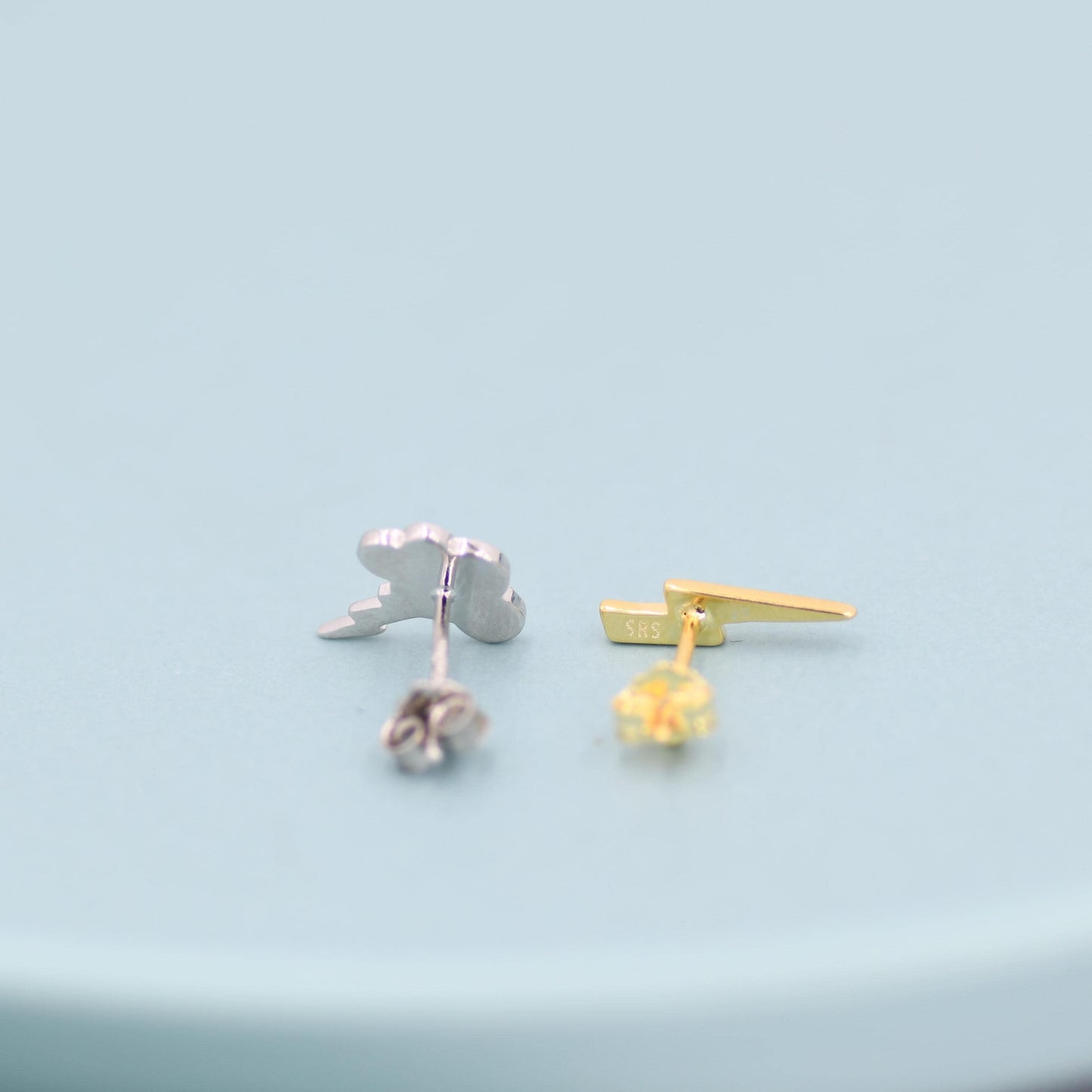 Mismatched Lightning Bolt and Cloud Stud Earrings in Sterling Silver, Asymmetric Cloud and Lightning Bolt Earrings