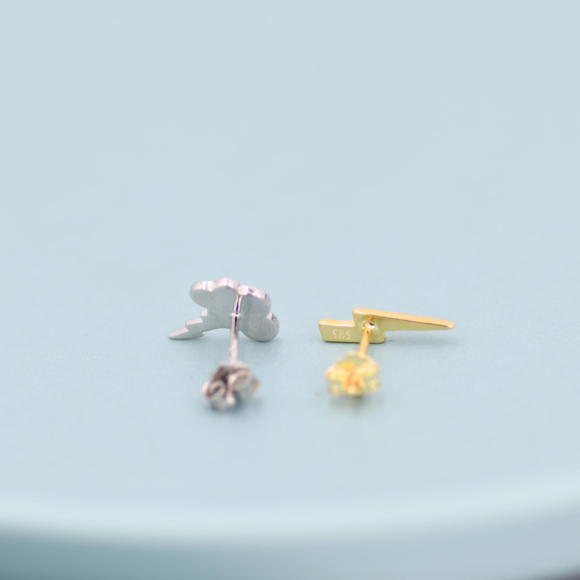 Mismatched Lightning Bolt and Cloud Stud Earrings in Sterling Silver, Asymmetric Cloud and Lightning Bolt Earrings