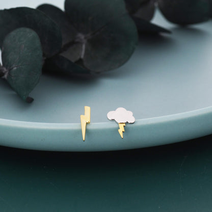 Mismatched Lightning Bolt and Cloud Stud Earrings in Sterling Silver, Asymmetric Cloud and Lightning Bolt Earrings