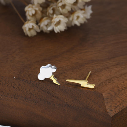 Mismatched Lightning Bolt and Cloud Stud Earrings in Sterling Silver, Asymmetric Cloud and Lightning Bolt Earrings