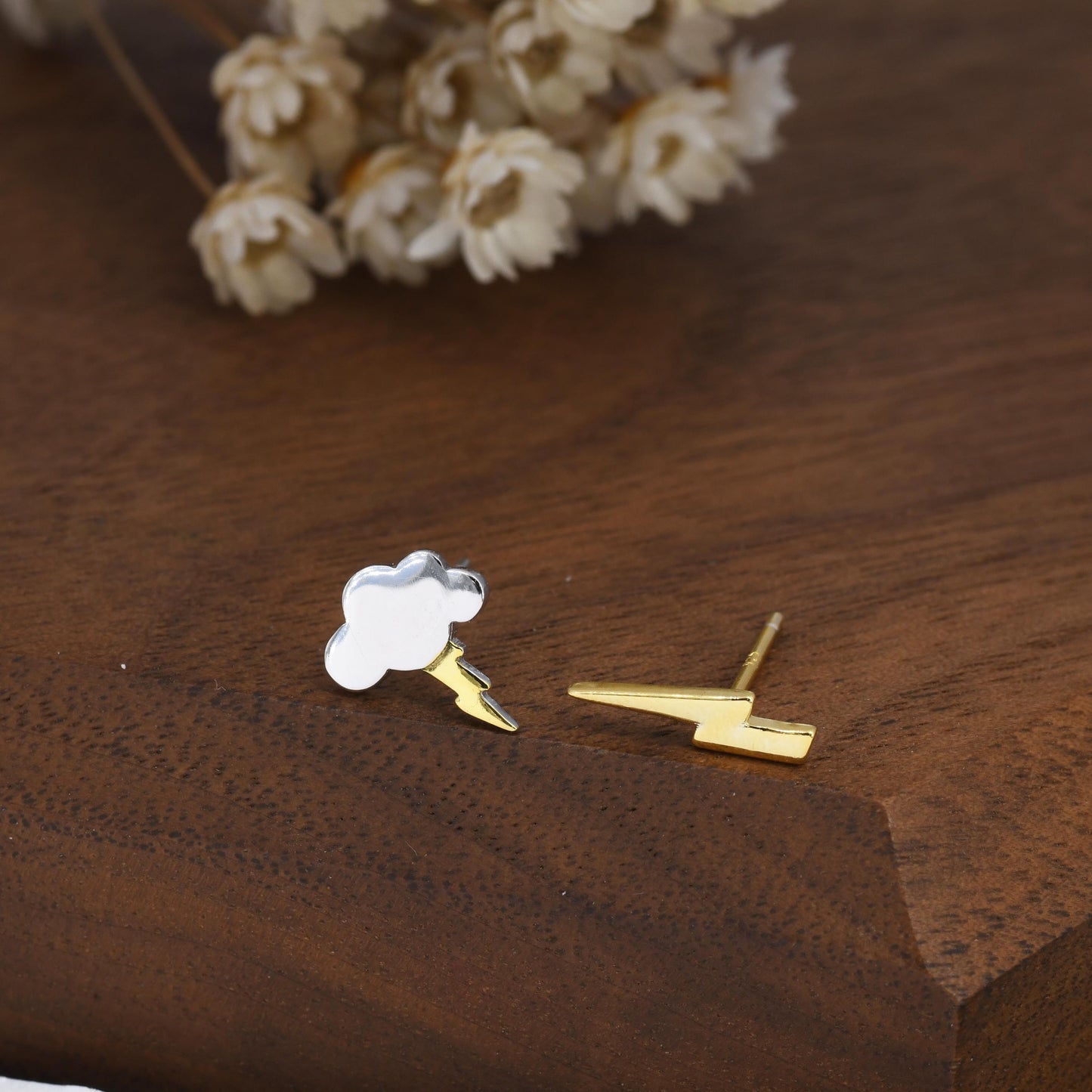 Mismatched Lightning Bolt and Cloud Stud Earrings in Sterling Silver, Asymmetric Cloud and Lightning Bolt Earrings