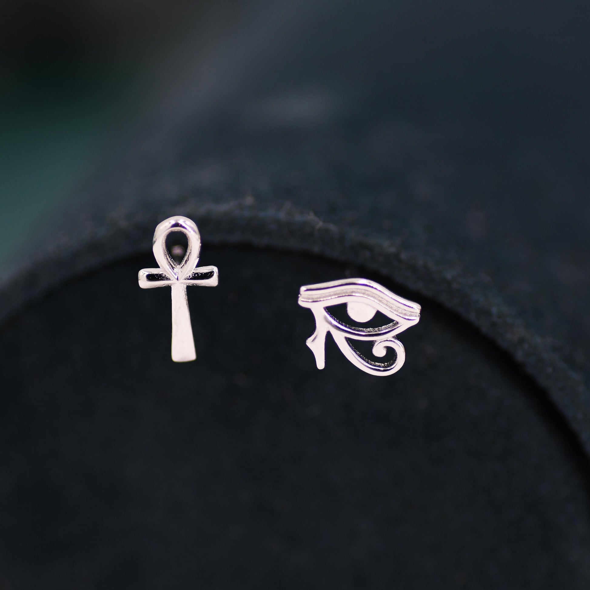 Mismatched Ankh and Eye of Horus Stud Earrings in Sterling Silver, Silver or Gold Finish, Egyptian Hieroglyphics Earrings, Ankh Earrings
