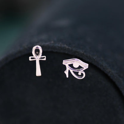 Mismatched Ankh and Eye of Horus Stud Earrings in Sterling Silver, Silver or Gold Finish, Egyptian Hieroglyphics Earrings, Ankh Earrings