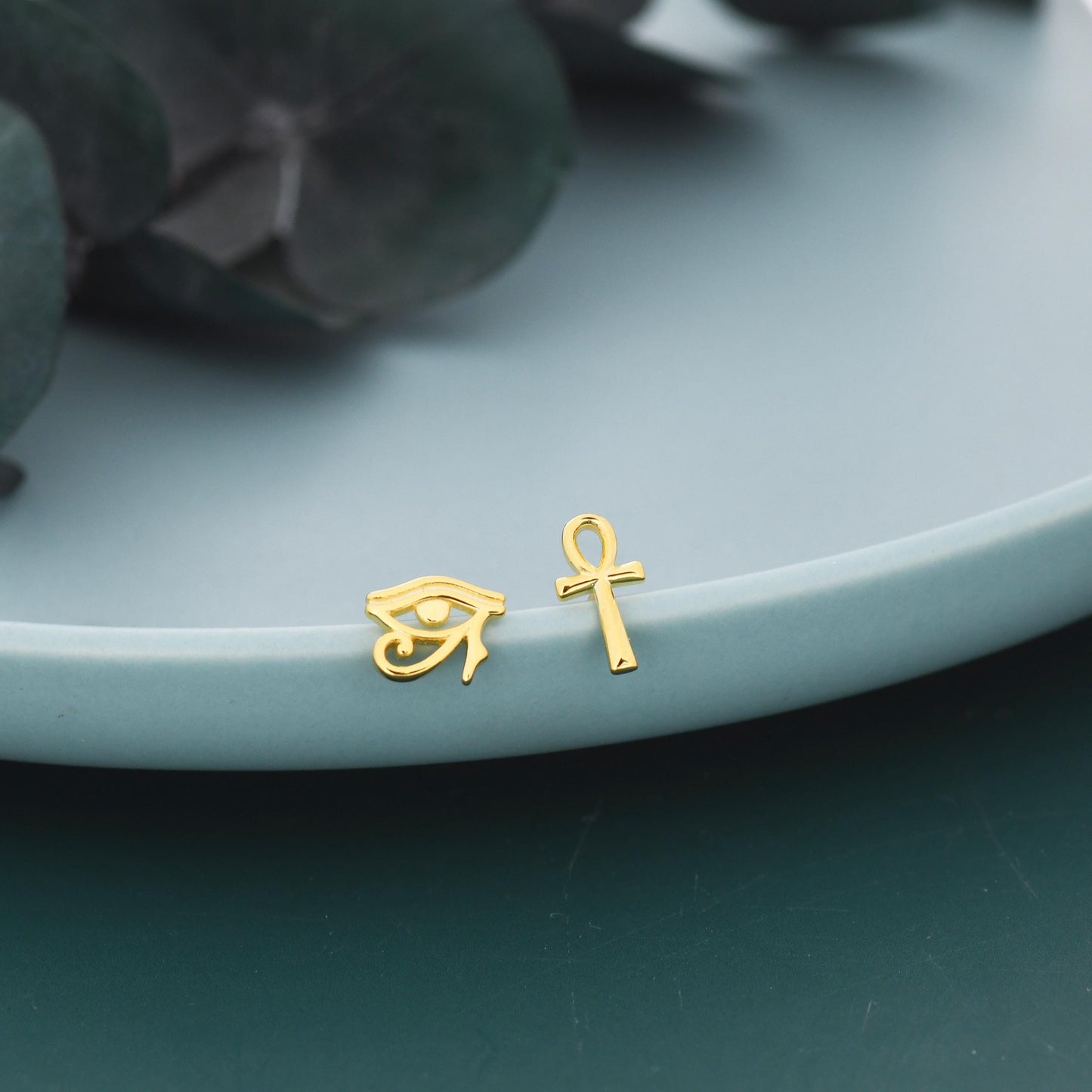 Mismatched Ankh and Eye of Horus Stud Earrings in Sterling Silver, Silver or Gold Finish, Egyptian Hieroglyphics Earrings, Ankh Earrings