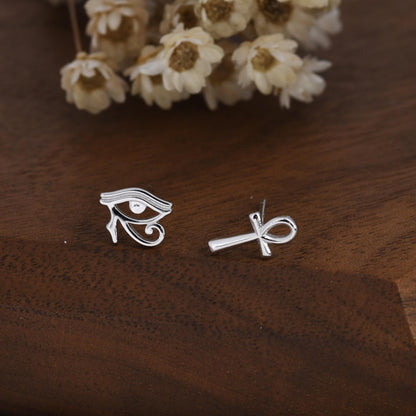 Mismatched Ankh and Eye of Horus Stud Earrings in Sterling Silver, Silver or Gold Finish, Egyptian Hieroglyphics Earrings, Ankh Earrings