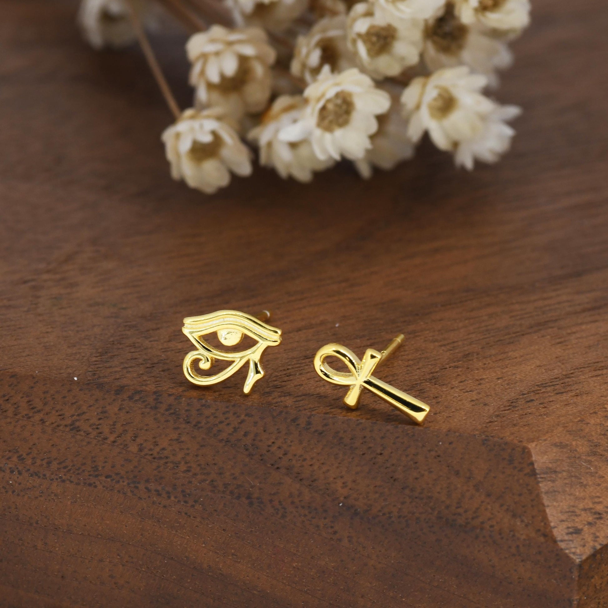 Mismatched Ankh and Eye of Horus Stud Earrings in Sterling Silver, Silver or Gold Finish, Egyptian Hieroglyphics Earrings, Ankh Earrings