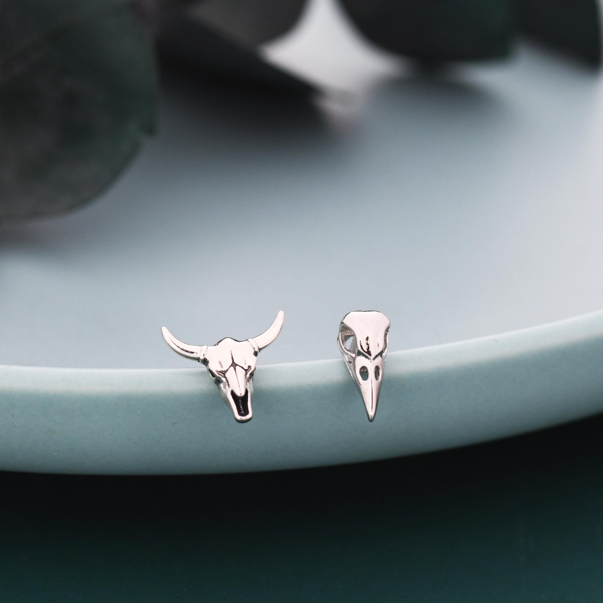 Mismatched Sterling Silver Bird Skull and Bull Skull Stud Earrings, Silver or Gold or Rose Gold, Bird Skeleton Earrings in Sterling Silver