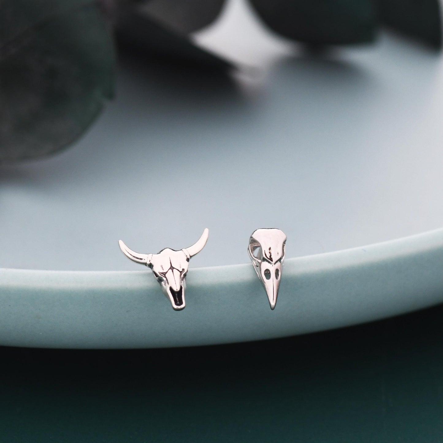 Mismatched Sterling Silver Bird Skull and Bull Skull Stud Earrings, Silver or Gold or Rose Gold, Bird Skeleton Earrings in Sterling Silver