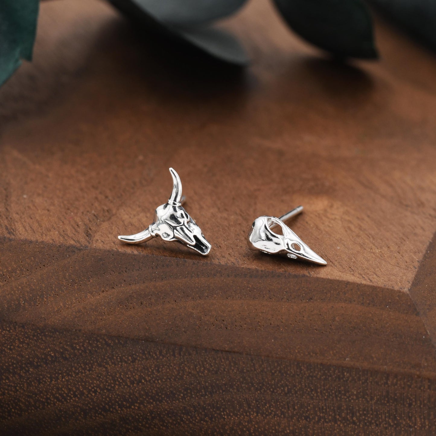Mismatched Sterling Silver Bird Skull and Bull Skull Stud Earrings, Silver or Gold or Rose Gold, Bird Skeleton Earrings in Sterling Silver