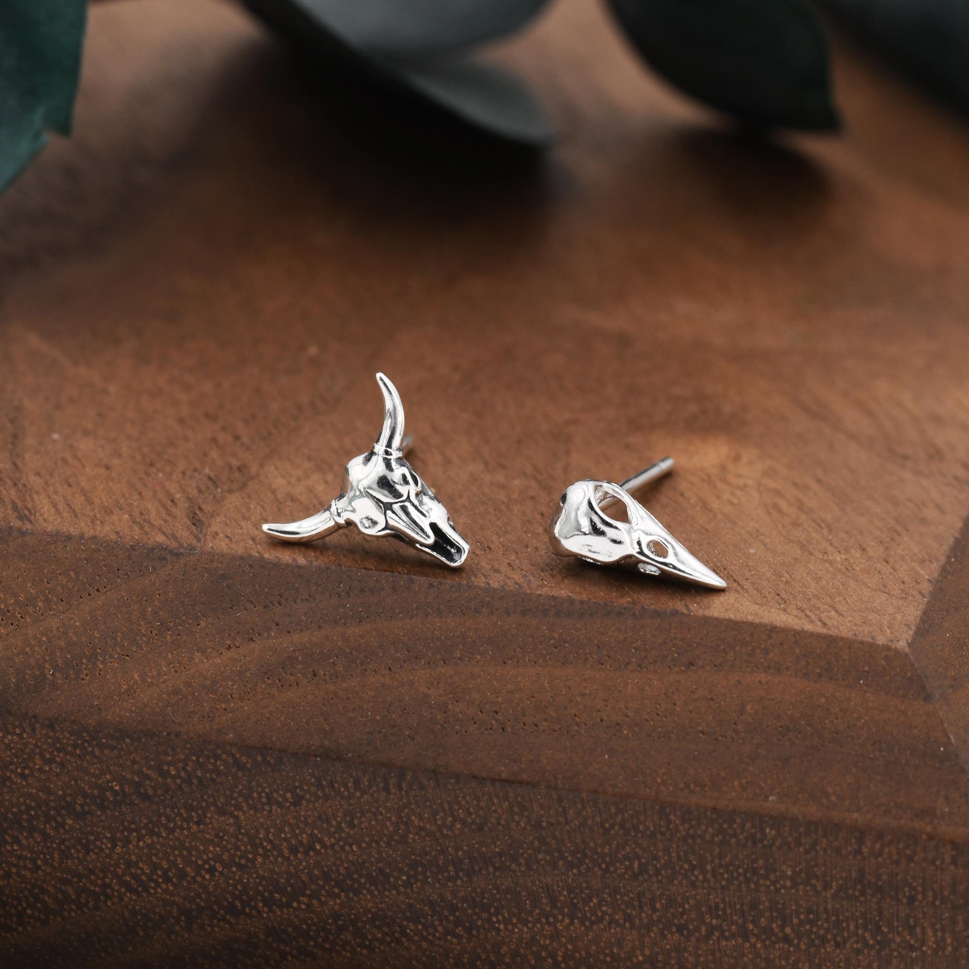 Mismatched Sterling Silver Bird Skull and Bull Skull Stud Earrings, Silver or Gold or Rose Gold, Bird Skeleton Earrings in Sterling Silver