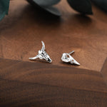 Mismatched Sterling Silver Bird Skull and Bull Skull Stud Earrings, Silver or Gold or Rose Gold, Bird Skeleton Earrings in Sterling Silver