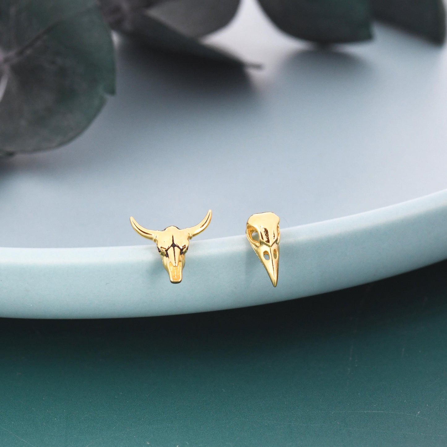 Mismatched Sterling Silver Bird Skull and Bull Skull Stud Earrings, Silver or Gold or Rose Gold, Bird Skeleton Earrings in Sterling Silver