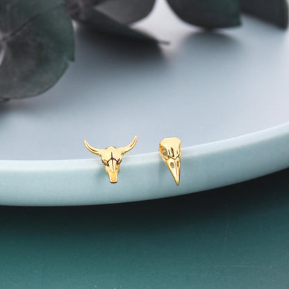 Mismatched Sterling Silver Bird Skull and Bull Skull Stud Earrings, Silver or Gold or Rose Gold, Bird Skeleton Earrings in Sterling Silver