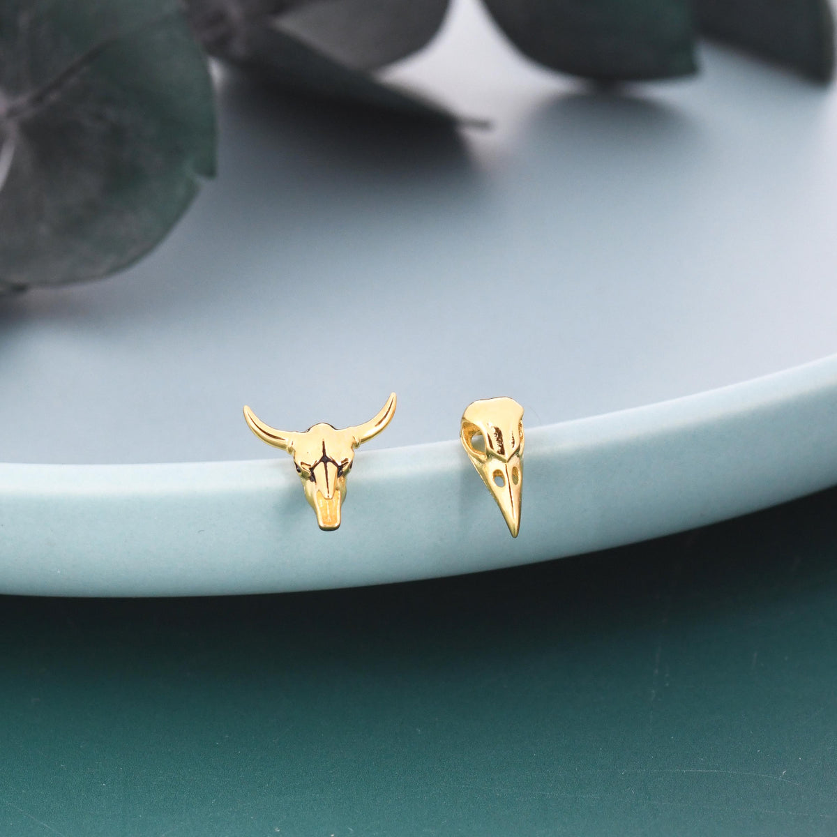 Mismatched Sterling Silver Bird Skull and Bull Skull Stud Earrings, Silver or Gold or Rose Gold, Bird Skeleton Earrings in Sterling Silver