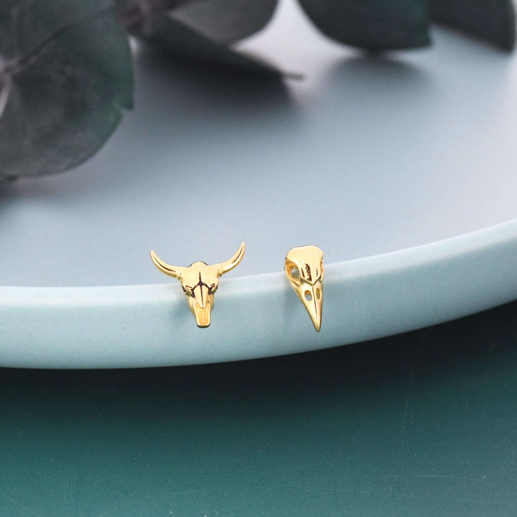 Mismatched Sterling Silver Bird Skull and Bull Skull Stud Earrings, Silver or Gold or Rose Gold, Bird Skeleton Earrings in Sterling Silver