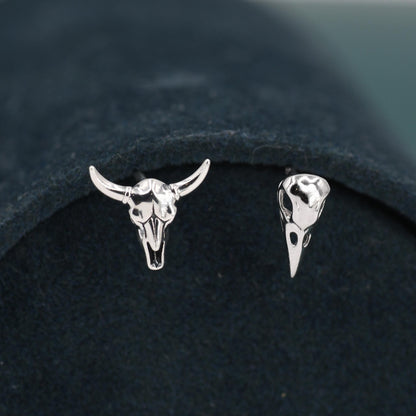 Mismatched Sterling Silver Bird Skull and Bull Skull Stud Earrings, Silver or Gold or Rose Gold, Bird Skeleton Earrings in Sterling Silver