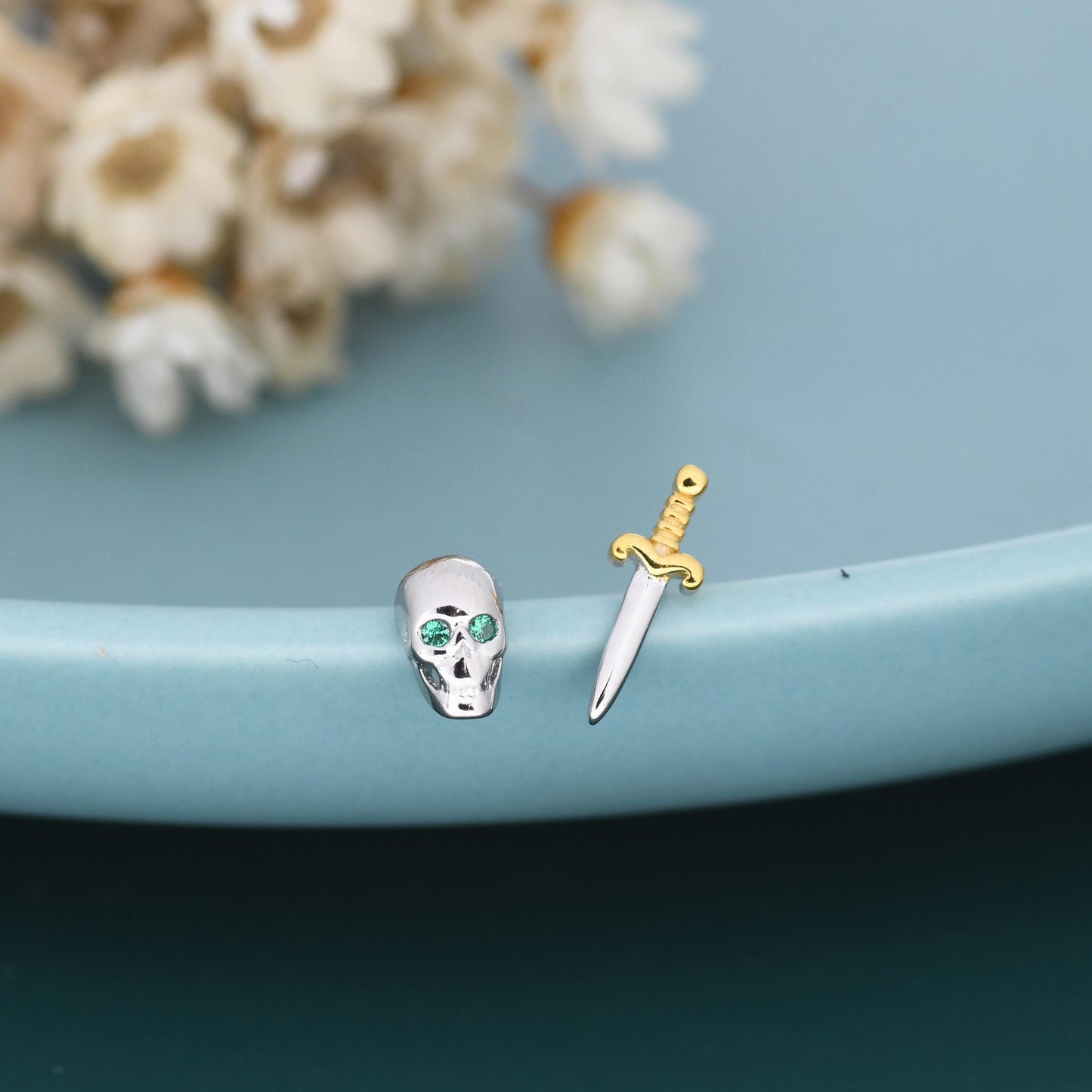 Mismatched Tiny Skull and Sword Stud Earrings in Sterling Silver, Asymmetric Sword and Skull Earrings