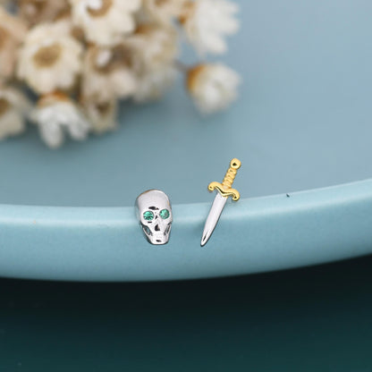 Mismatched Tiny Skull and Sword Stud Earrings in Sterling Silver, Asymmetric Sword and Skull Earrings