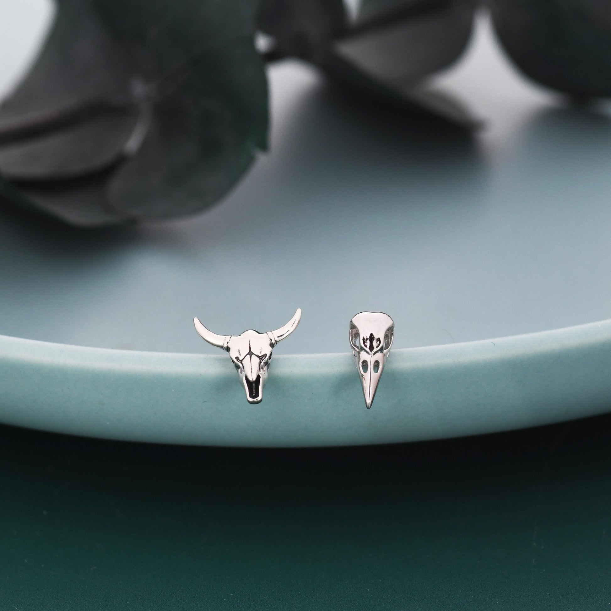 Mismatched Sterling Silver Bird Skull and Bull Skull Stud Earrings, Silver or Gold or Rose Gold, Bird Skeleton Earrings in Sterling Silver