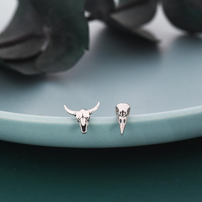 Mismatched Sterling Silver Bird Skull and Bull Skull Stud Earrings, Silver or Gold or Rose Gold, Bird Skeleton Earrings in Sterling Silver