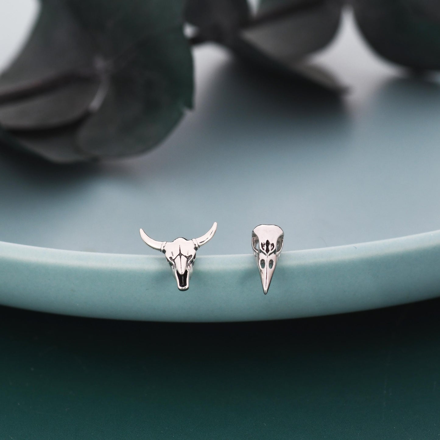 Mismatched Sterling Silver Bird Skull and Bull Skull Stud Earrings, Silver or Gold or Rose Gold, Bird Skeleton Earrings in Sterling Silver