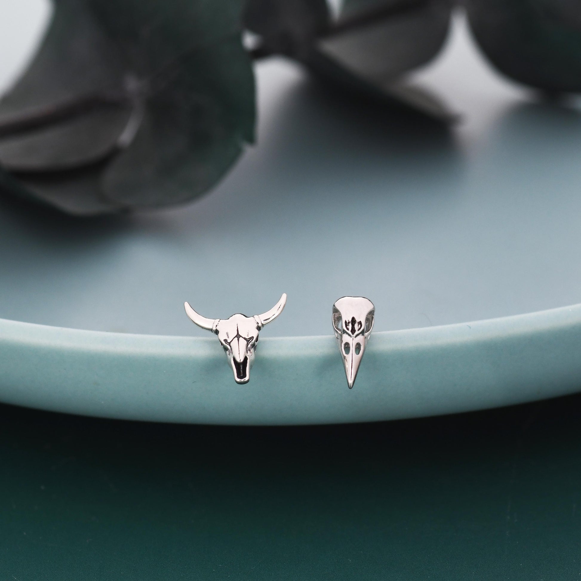 Mismatched Sterling Silver Bird Skull and Bull Skull Stud Earrings, Silver or Gold or Rose Gold, Bird Skeleton Earrings in Sterling Silver