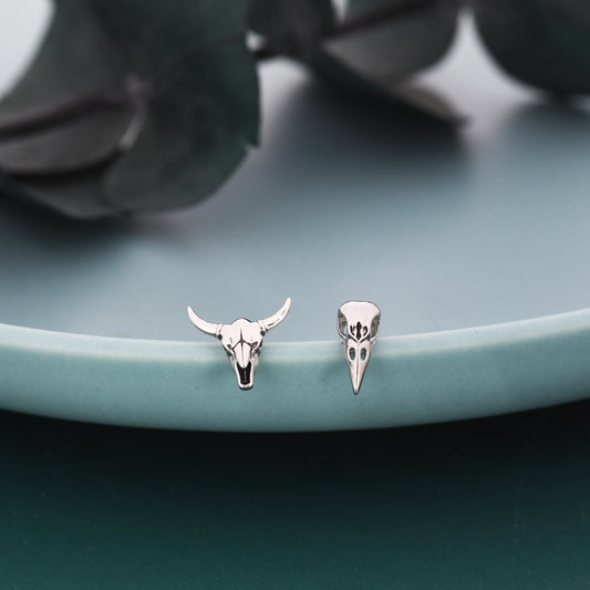 Mismatched Sterling Silver Bird Skull and Bull Skull Stud Earrings, Silver or Gold or Rose Gold, Bird Skeleton Earrings in Sterling Silver
