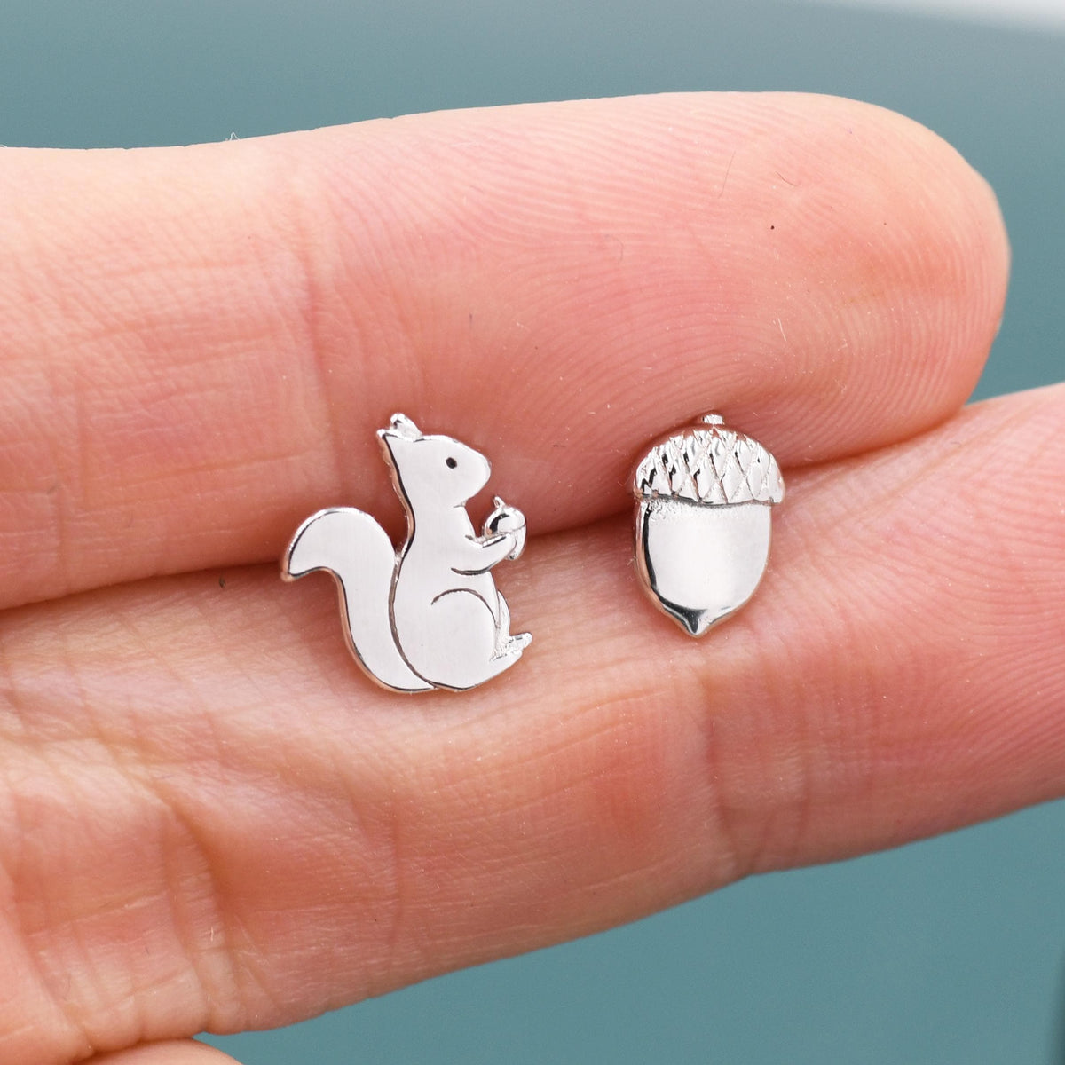 Mismatched Squirrel and Acorn Nut Stud Earrings in Sterling Silver, Silver or Gold Finish, Cute Fun Quirky, Animal Lover, Nature Inspired