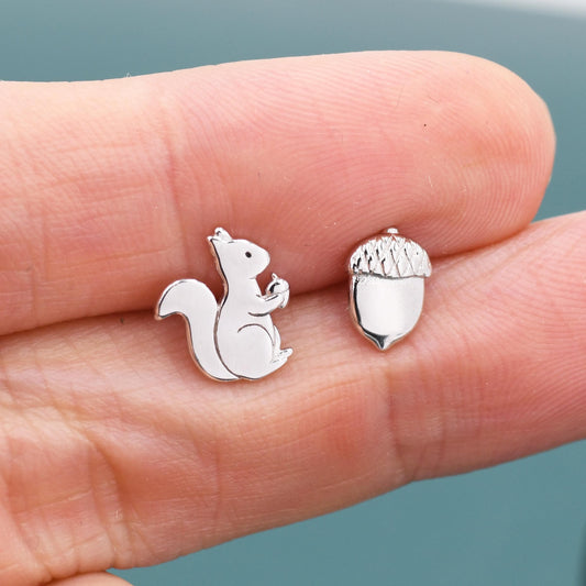 Mismatched Squirrel and Acorn Nut Stud Earrings in Sterling Silver, Silver or Gold Finish, Cute Fun Quirky, Animal Lover, Nature Inspired