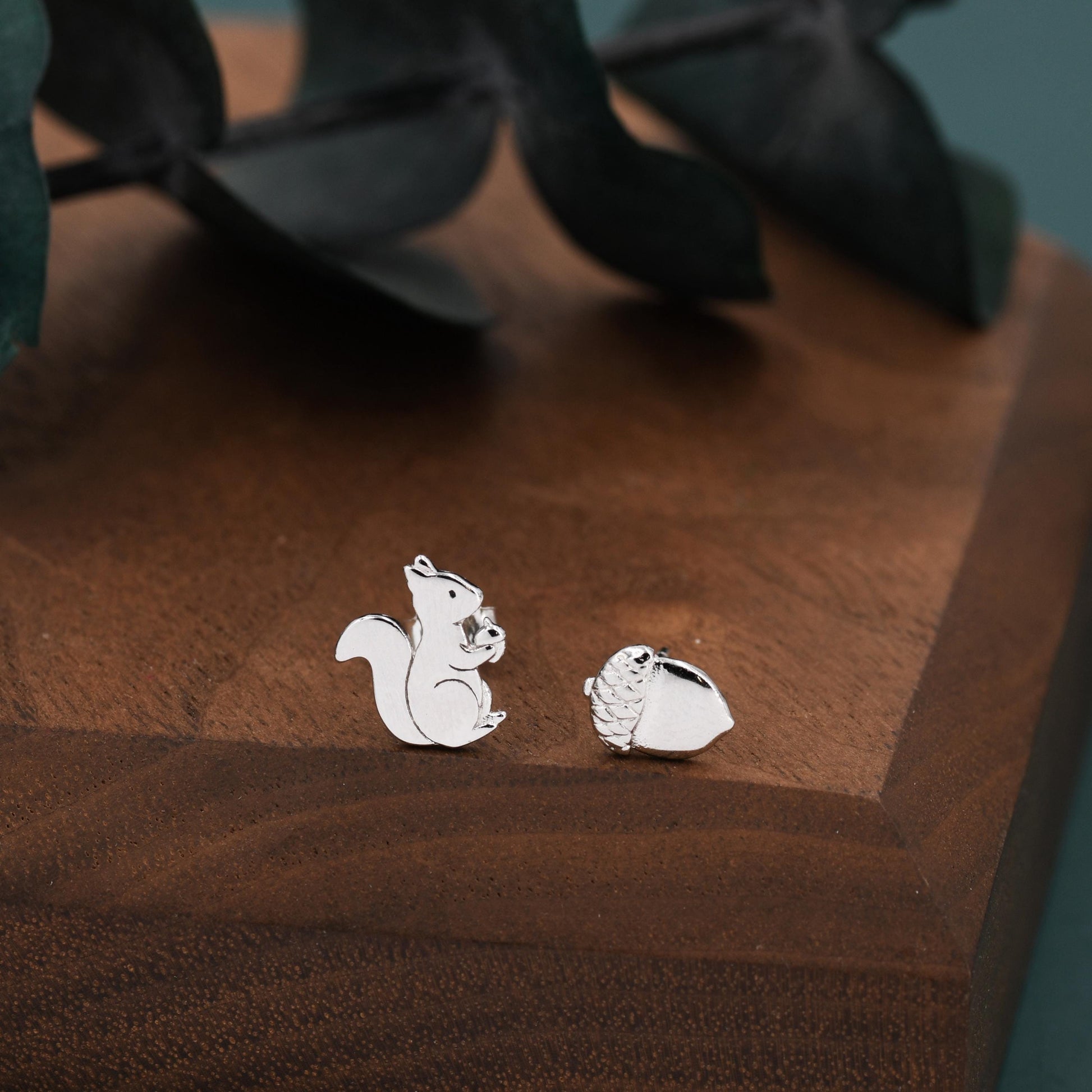 Mismatched Squirrel and Acorn Nut Stud Earrings in Sterling Silver, Silver or Gold Finish, Cute Fun Quirky, Animal Lover, Nature Inspired