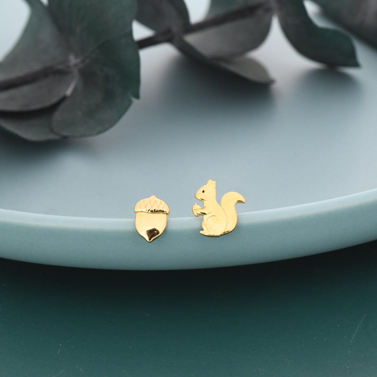 Mismatched Squirrel and Acorn Nut Stud Earrings in Sterling Silver, Silver or Gold Finish, Cute Fun Quirky, Animal Lover, Nature Inspired
