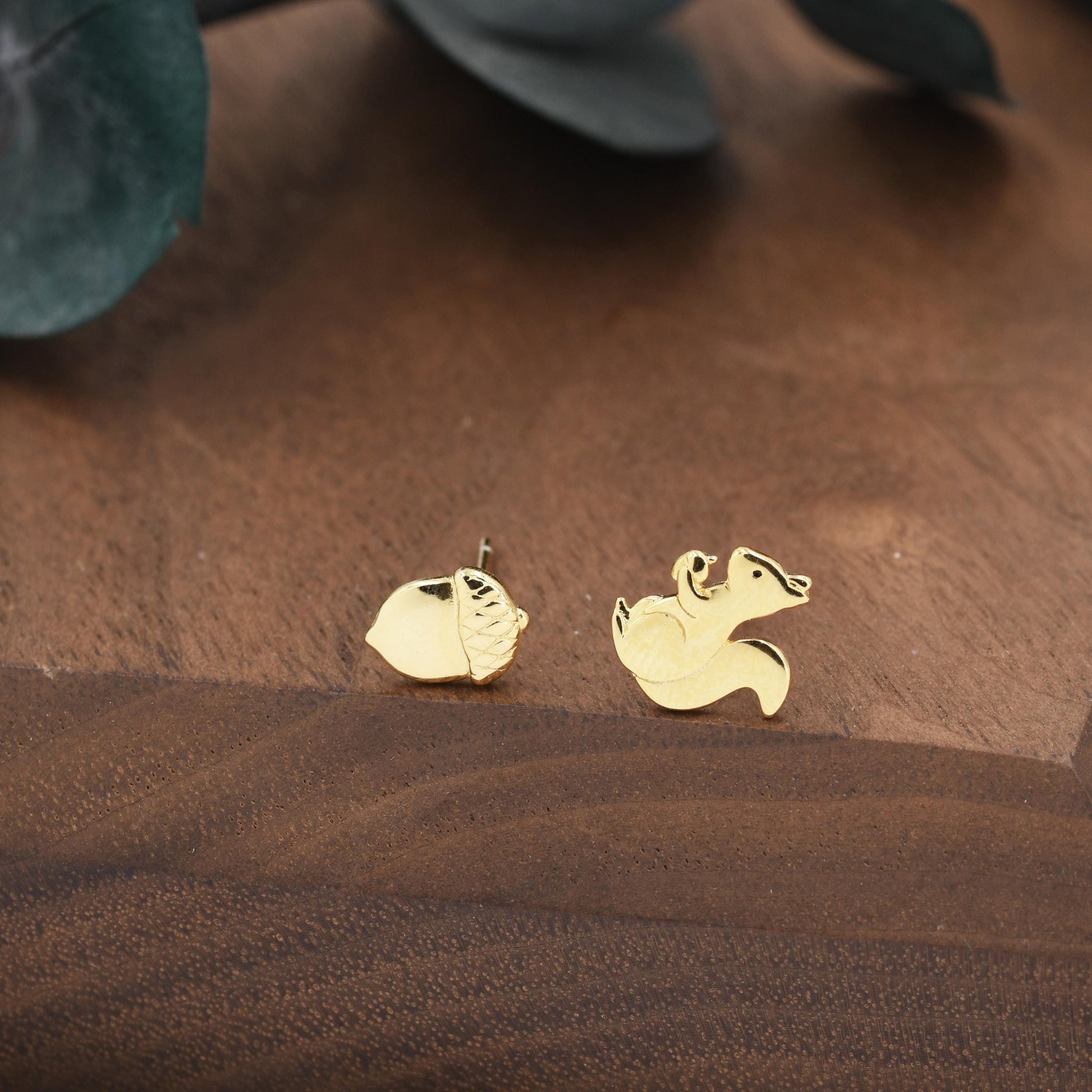 Mismatched Squirrel and Acorn Nut Stud Earrings in Sterling Silver, Silver or Gold Finish, Cute Fun Quirky, Animal Lover, Nature Inspired