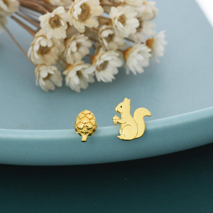 Mismatched Squirrel and Pinecone Nut Stud Earrings in Sterling Silver, Silver or Gold Finish, Cute Fun Quirky, Nature Inspired