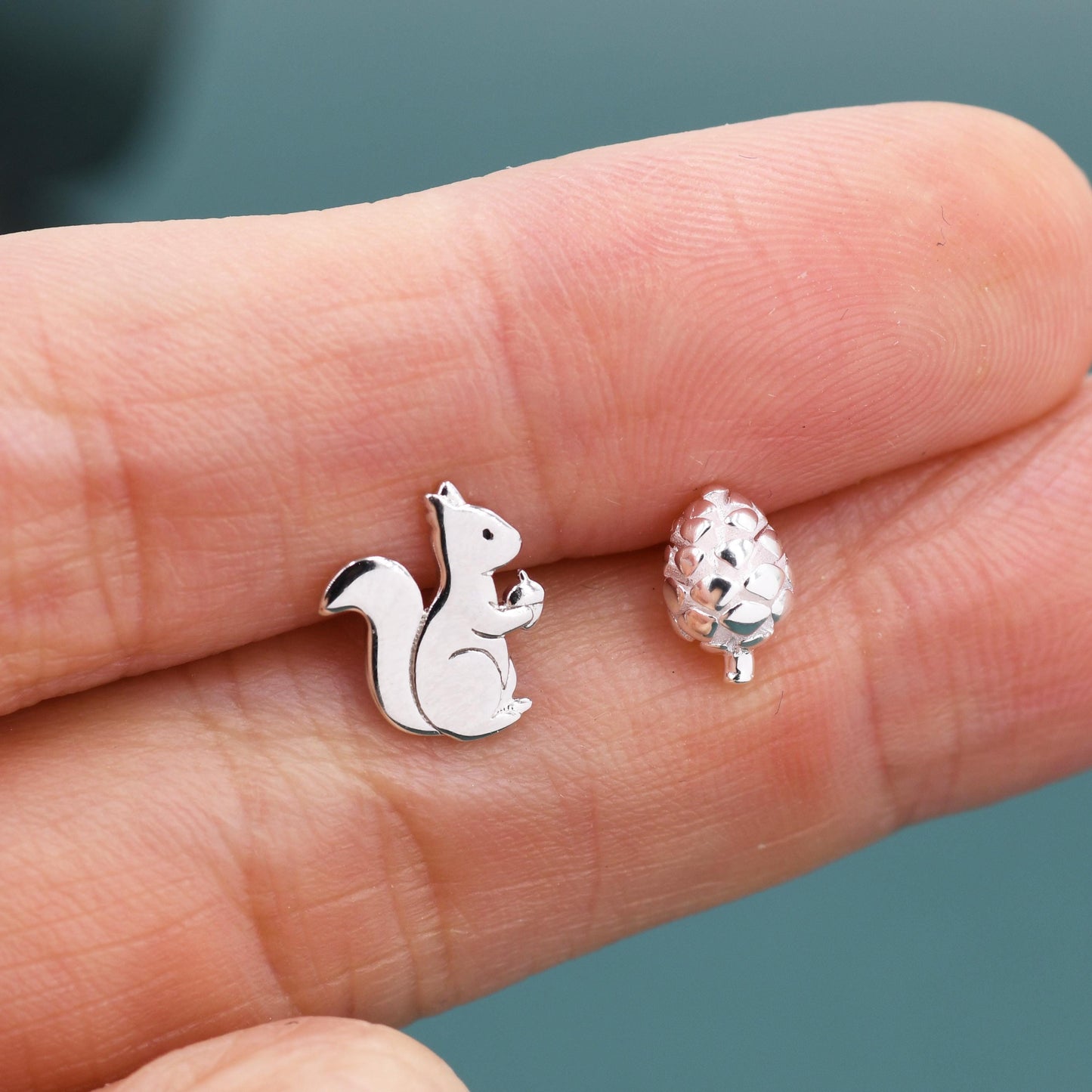 Mismatched Squirrel and Pinecone Nut Stud Earrings in Sterling Silver, Silver or Gold Finish, Cute Fun Quirky, Nature Inspired
