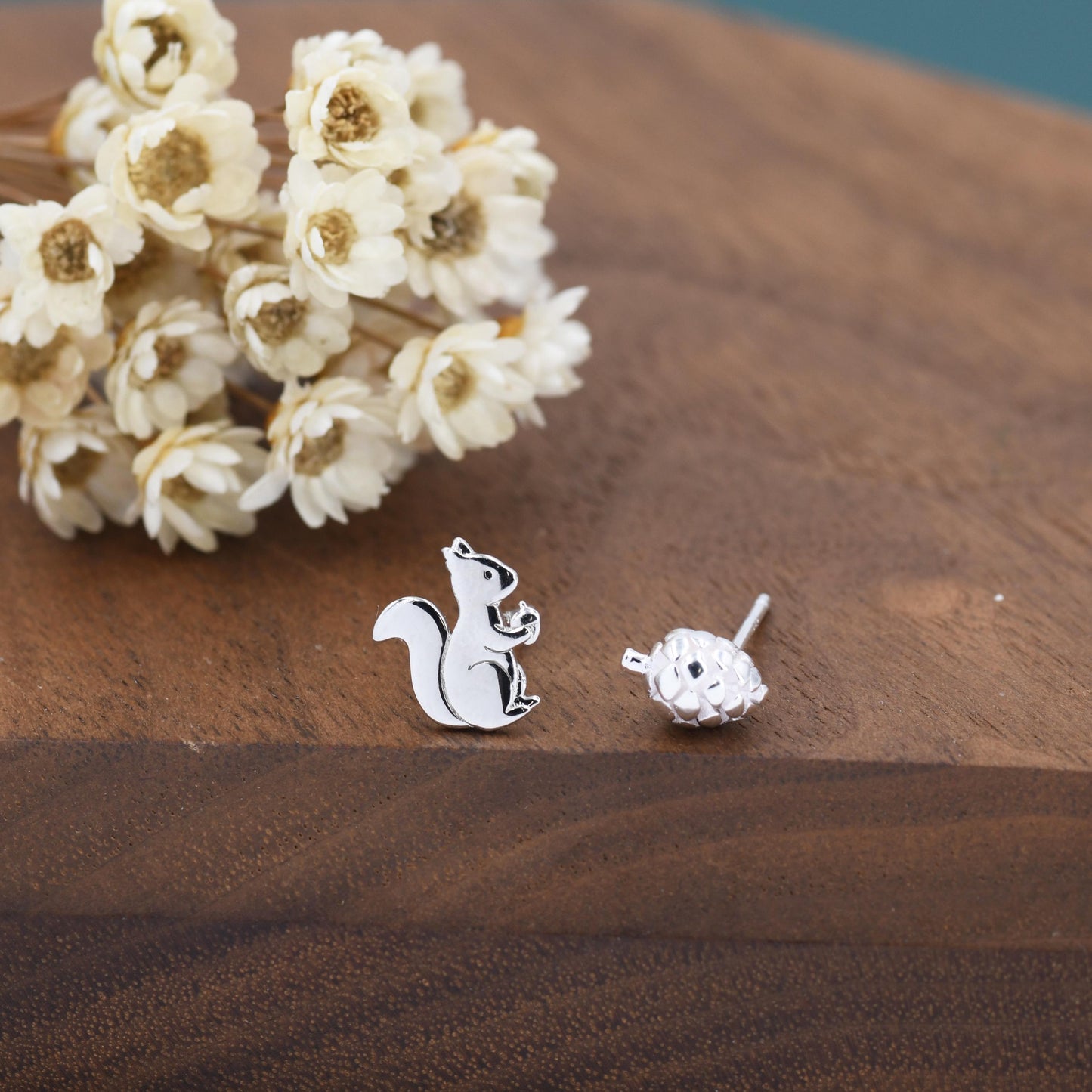 Mismatched Squirrel and Pinecone Nut Stud Earrings in Sterling Silver, Silver or Gold Finish, Cute Fun Quirky, Nature Inspired