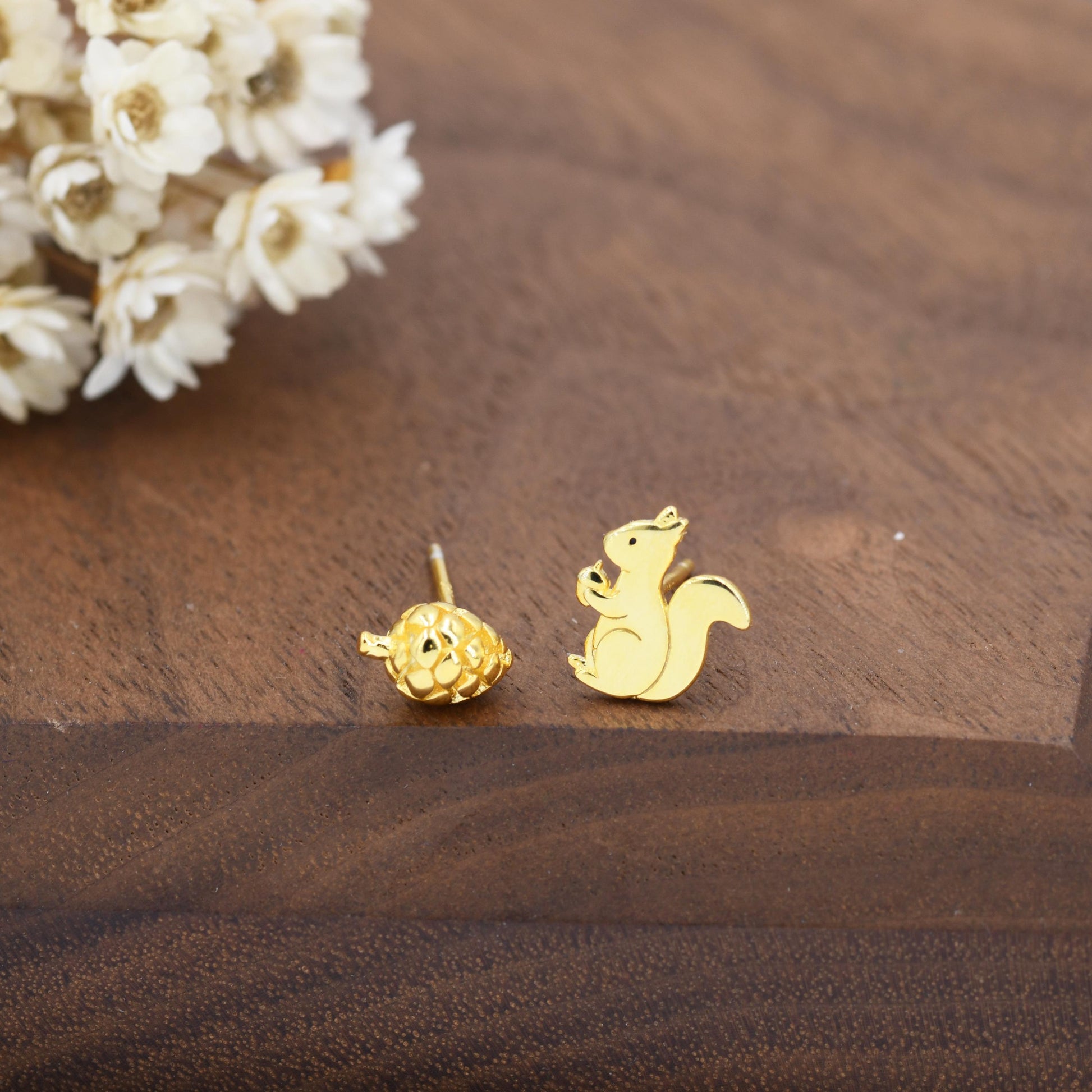 Mismatched Squirrel and Pinecone Nut Stud Earrings in Sterling Silver, Silver or Gold Finish, Cute Fun Quirky, Nature Inspired