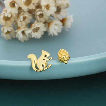 Mismatched Pine Cone and Squirrel Stud Earrings in Sterling Silver, Silver or Gold Finish, Tiny Asymmetric Squirrel and Pinecone Earrings