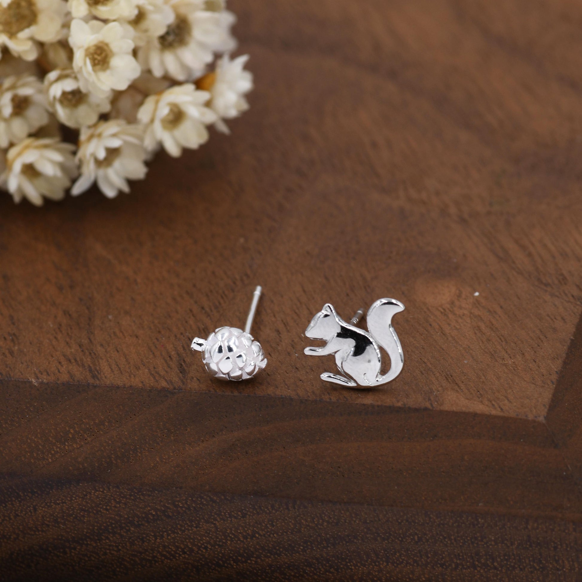Mismatched Pine Cone and Squirrel Stud Earrings in Sterling Silver, Silver or Gold Finish, Tiny Asymmetric Squirrel and Pinecone Earrings