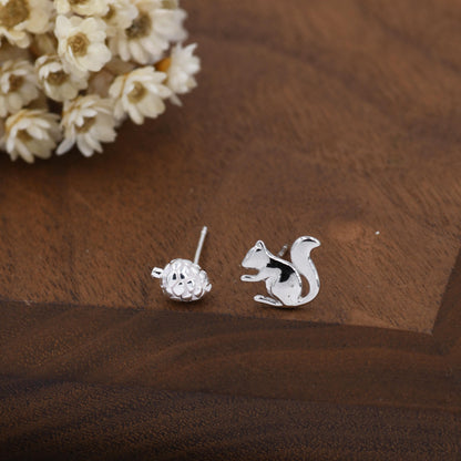 Mismatched Pine Cone and Squirrel Stud Earrings in Sterling Silver, Silver or Gold Finish, Tiny Asymmetric Squirrel and Pinecone Earrings