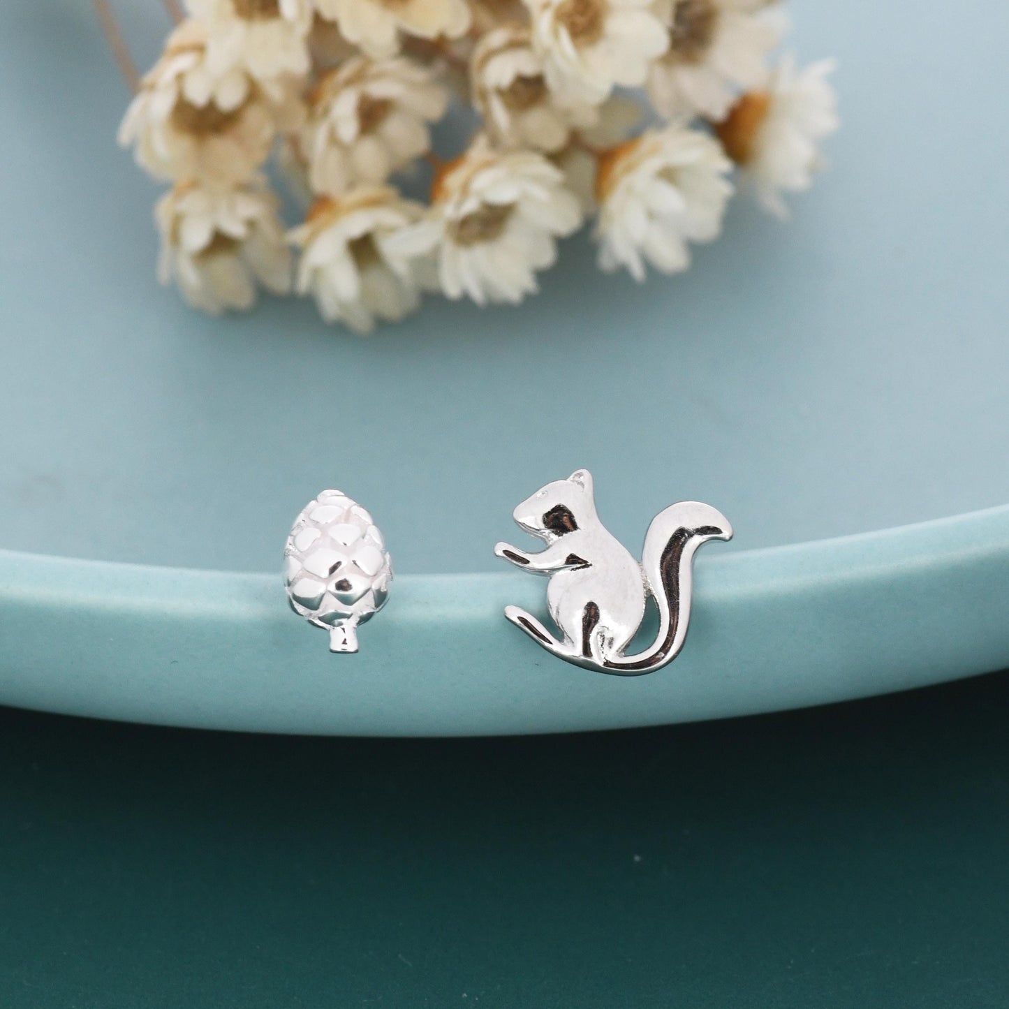 Mismatched Pine Cone and Squirrel Stud Earrings in Sterling Silver, Silver or Gold Finish, Tiny Asymmetric Squirrel and Pinecone Earrings