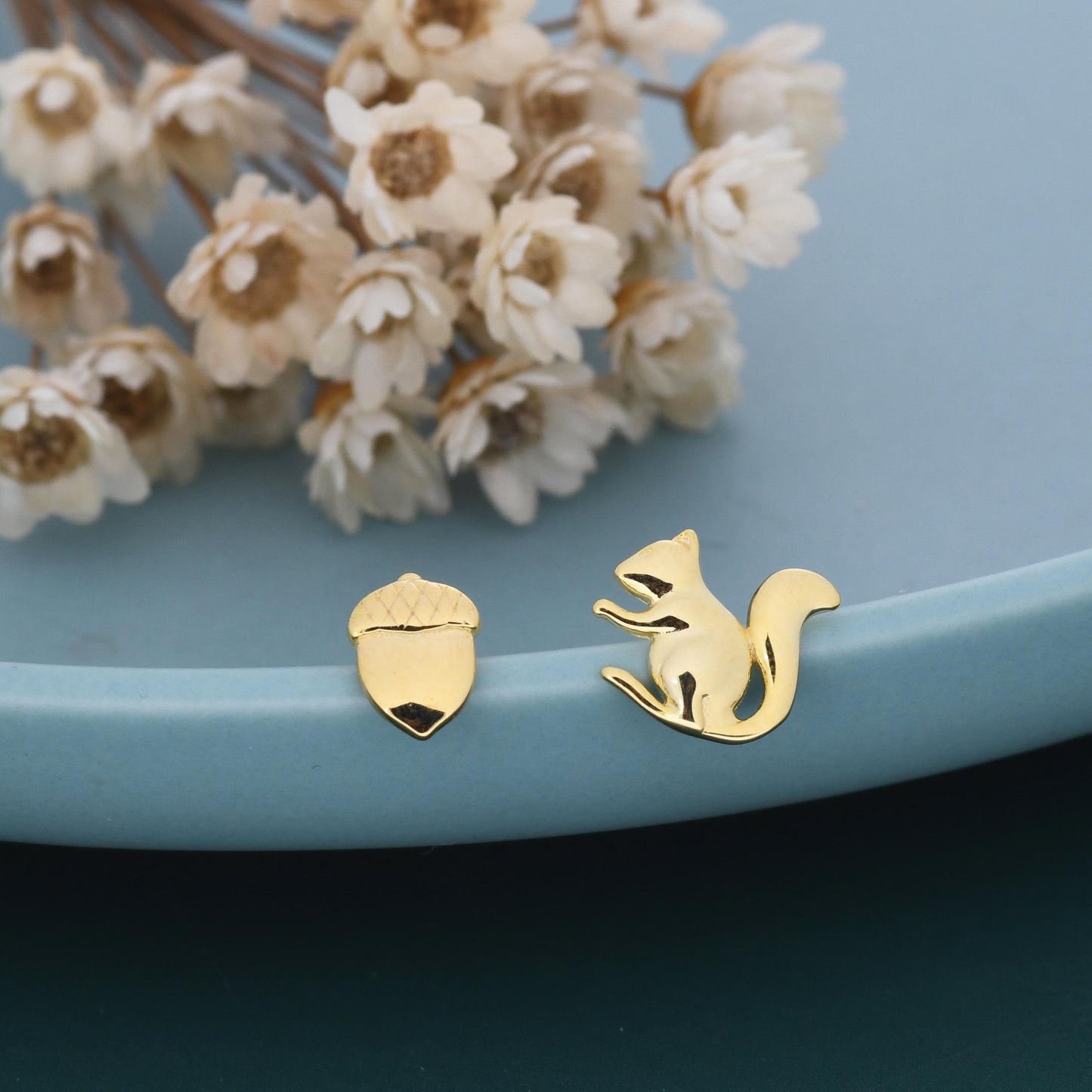 Mismatched Squirrel and Acorn Stud Earrings in Sterling Silver, Silver or Gold, Asymmetric Squirrel and Nut Earrings