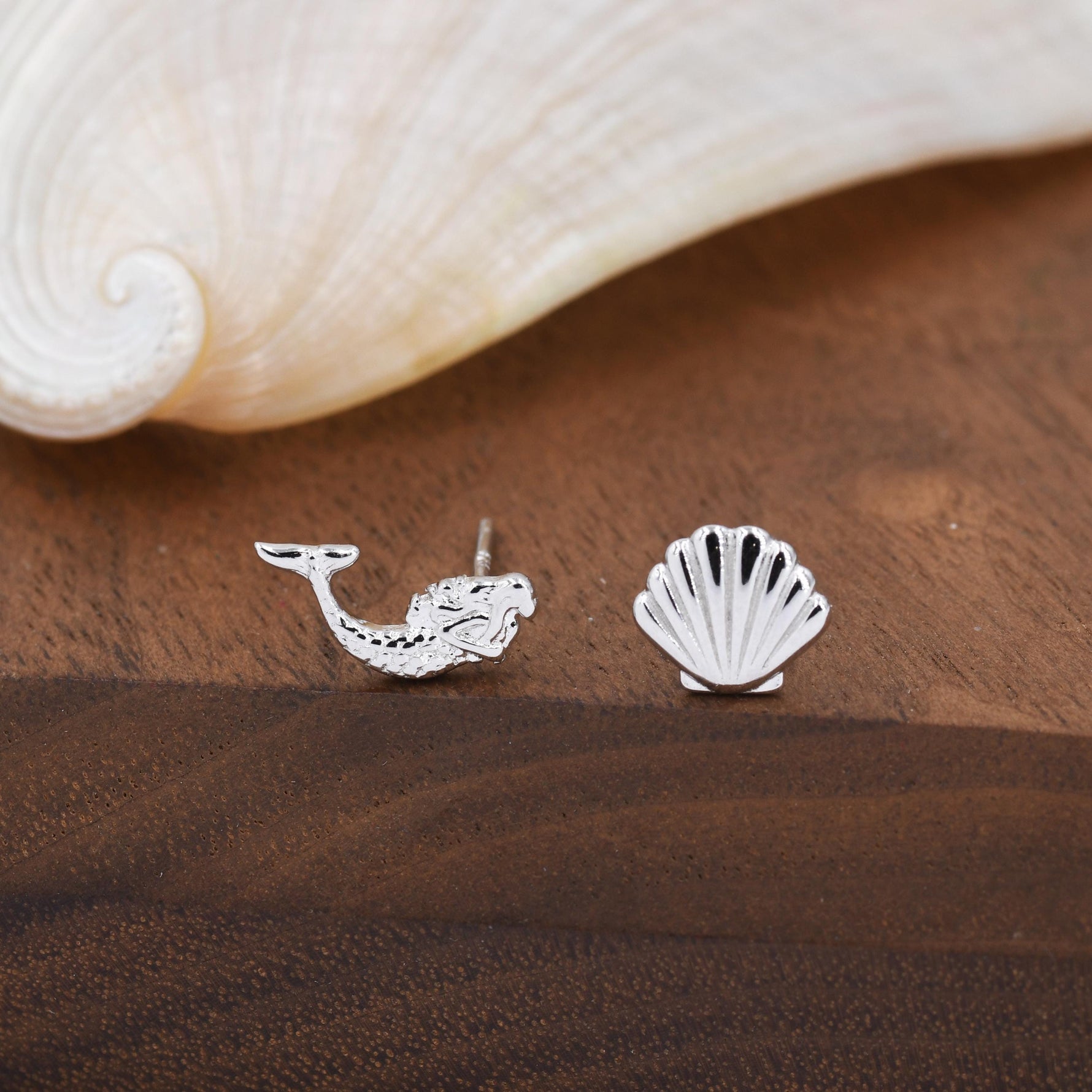 Mismatched Mermaid and Seashell Stud Earrings in Sterling Silver, Silver or Gold or Rose Gold, Ocean Earrings, Asymmetric Sea Shell Earrings