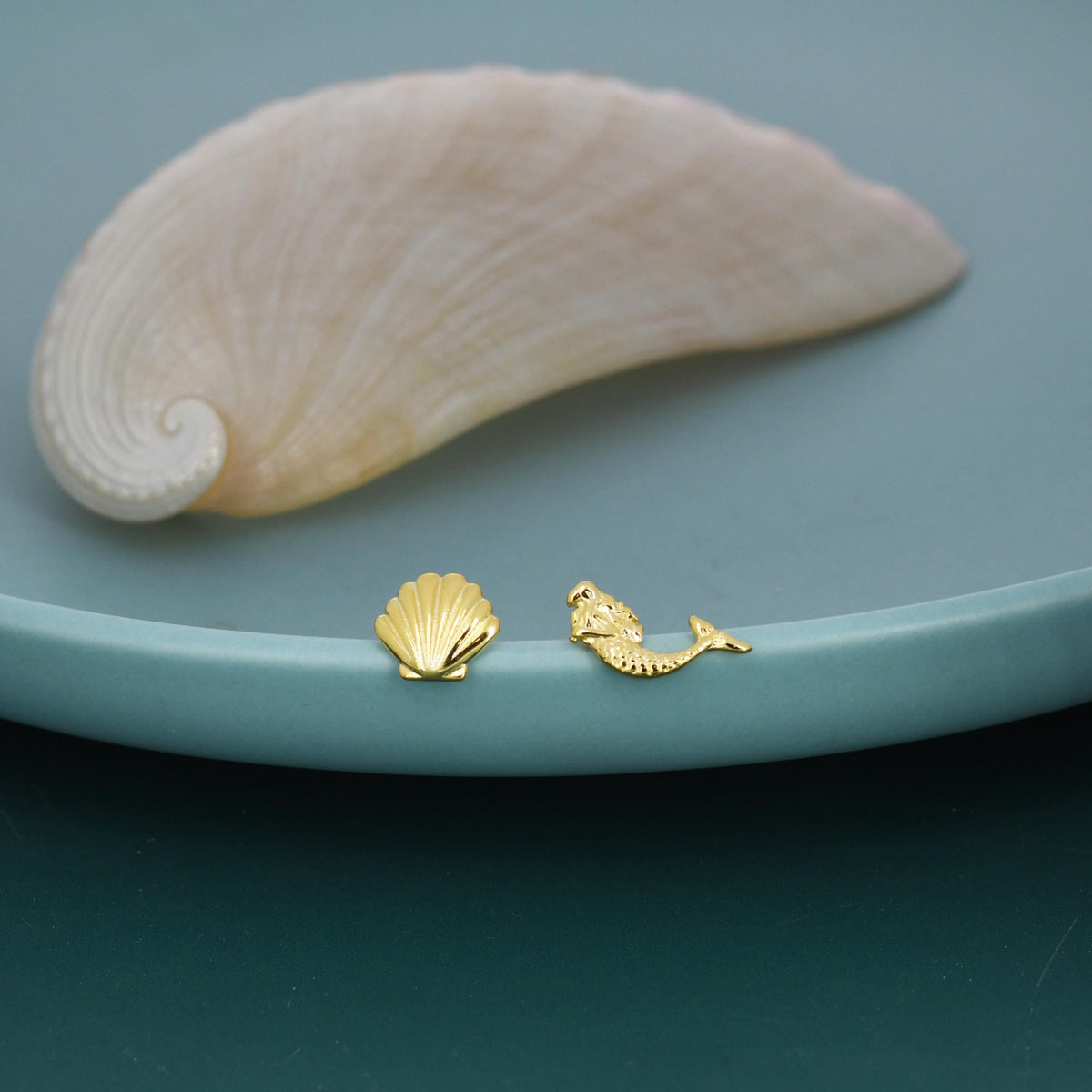 Mismatched Mermaid and Seashell Stud Earrings in Sterling Silver, Silver or Gold or Rose Gold, Ocean Earrings, Asymmetric Sea Shell Earrings