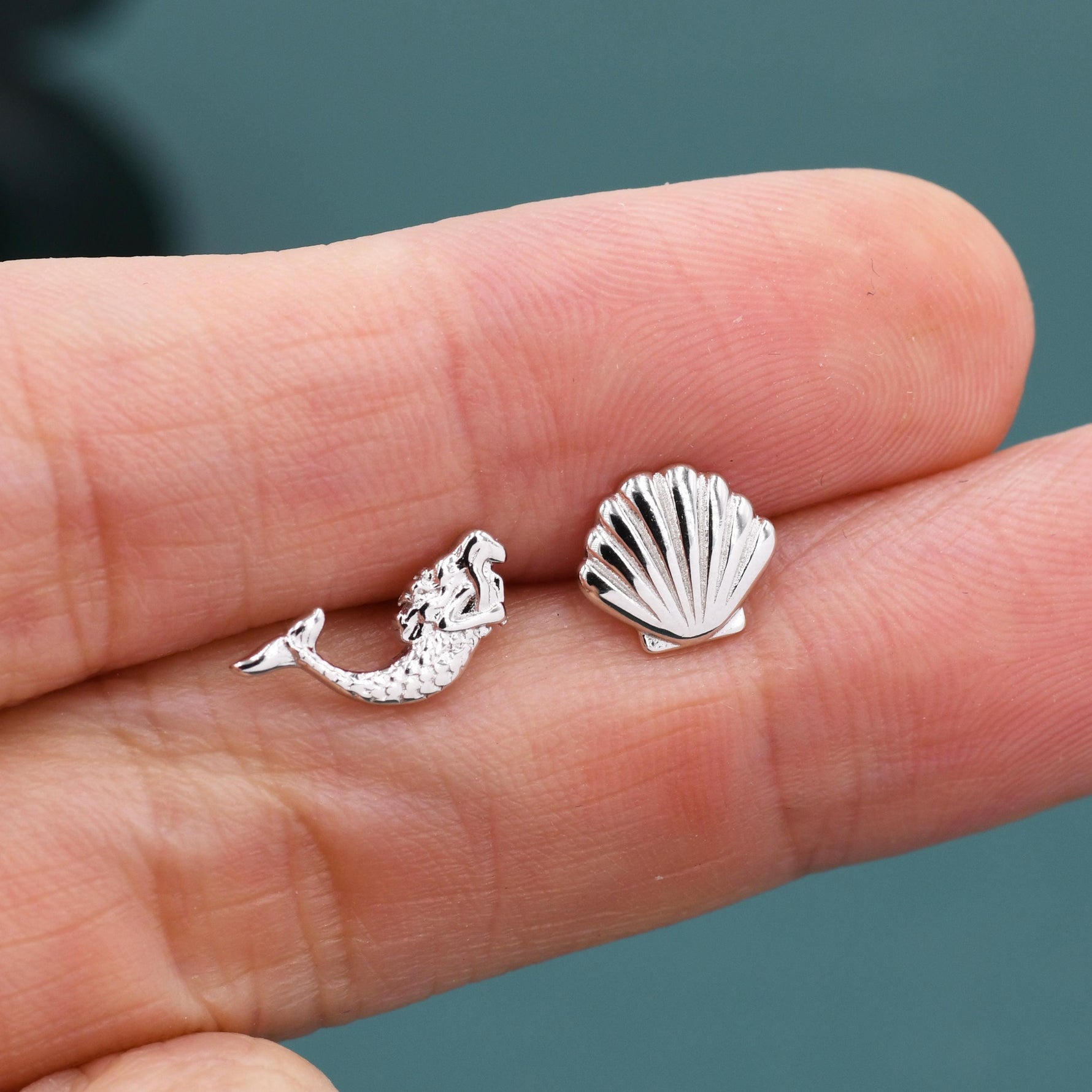 Mismatched Mermaid and Seashell Stud Earrings in Sterling Silver, Silver or Gold or Rose Gold, Ocean Earrings, Asymmetric Sea Shell Earrings