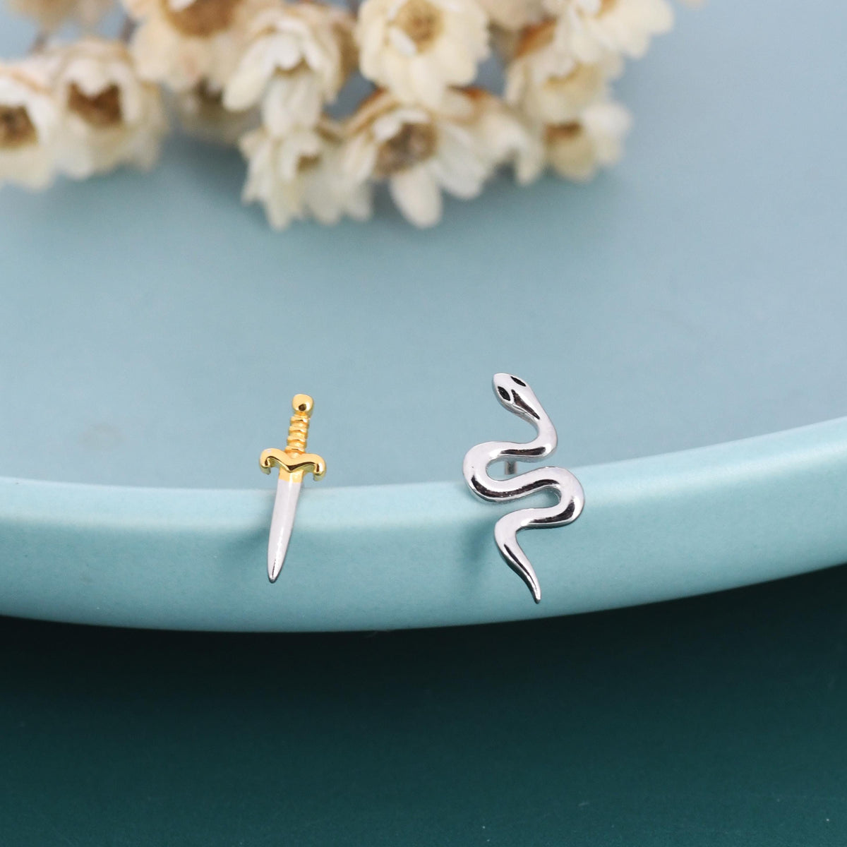 Mismatched Sword and Snake Stud Earrings in Sterling Silver, Asymmetric Snake and Sword Earrings