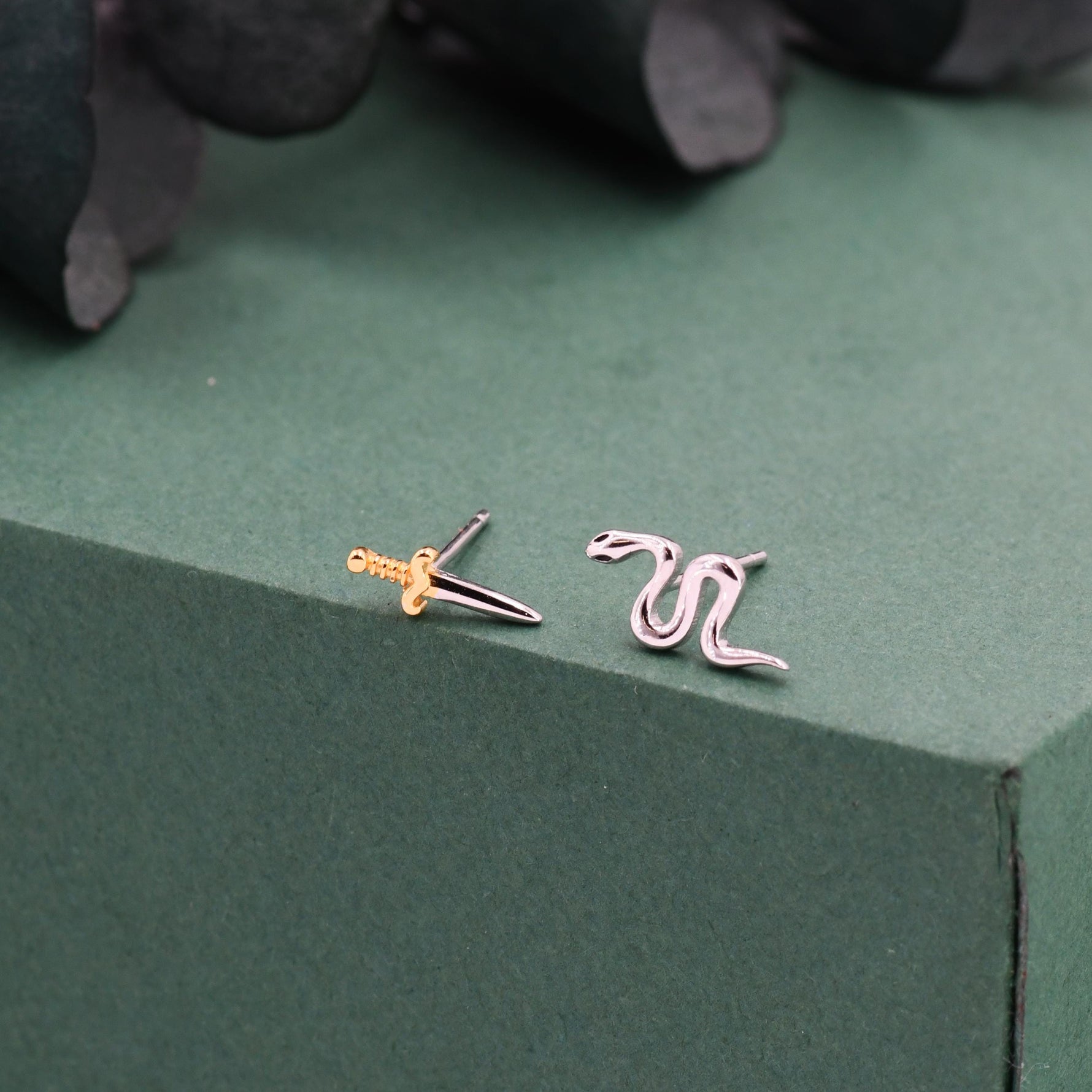 Mismatched Sword and Snake Stud Earrings in Sterling Silver, Asymmetric Snake and Sword Earrings