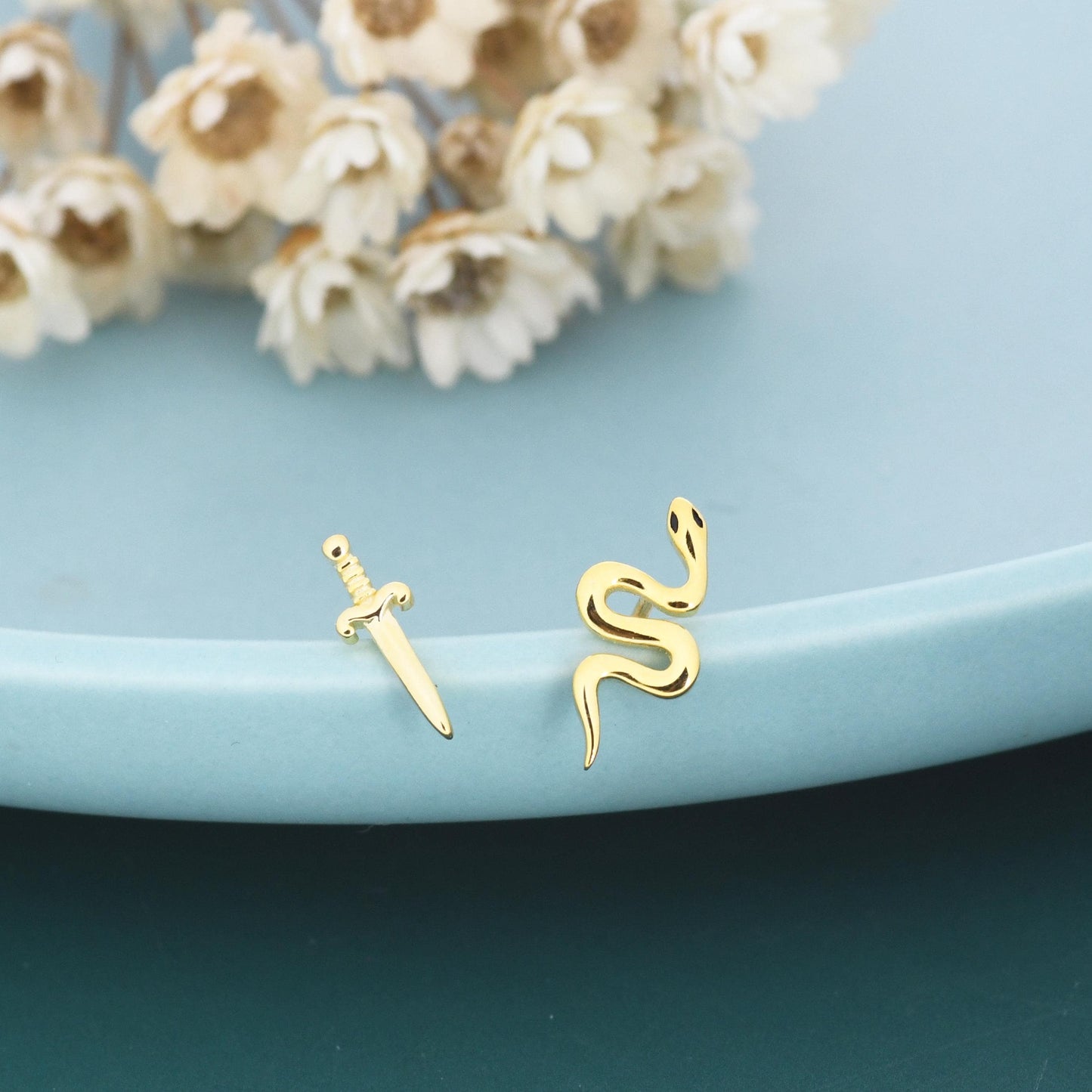 Mismatched Sword and Snake Stud Earrings in Sterling Silver, Silver or Gold Finish, Asymmetric Snake and Sword Earrings