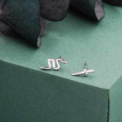 Mismatched Sword and Snake Stud Earrings in Sterling Silver, Silver or Gold Finish, Asymmetric Snake and Sword Earrings